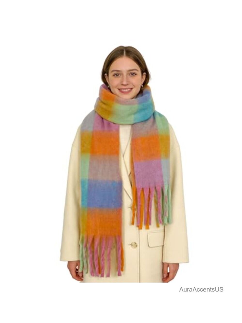 Oversized Chunky Plaid Scarf with Tassels, Soft Acrylic Winter Shawl Wrap